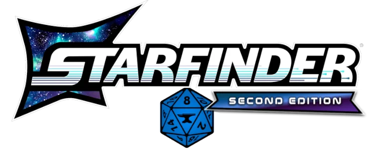 A logo for the Starfinder Second Edition game system, a sci-fi-style Foundry VTT d20 logo underneath
