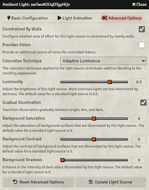 Lighting Configuration - Advanced Options