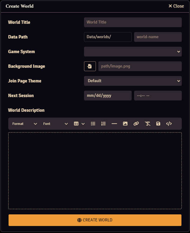 The World Configuration Sheet