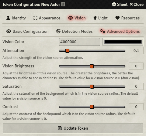 Token Configuration - Vision Advanced Options