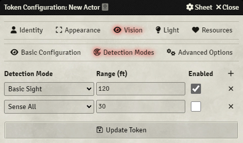 Token Configuration - Vision Detection Modes