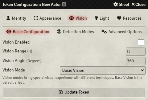 Token Configuration - Vision Tab Basic Configuration