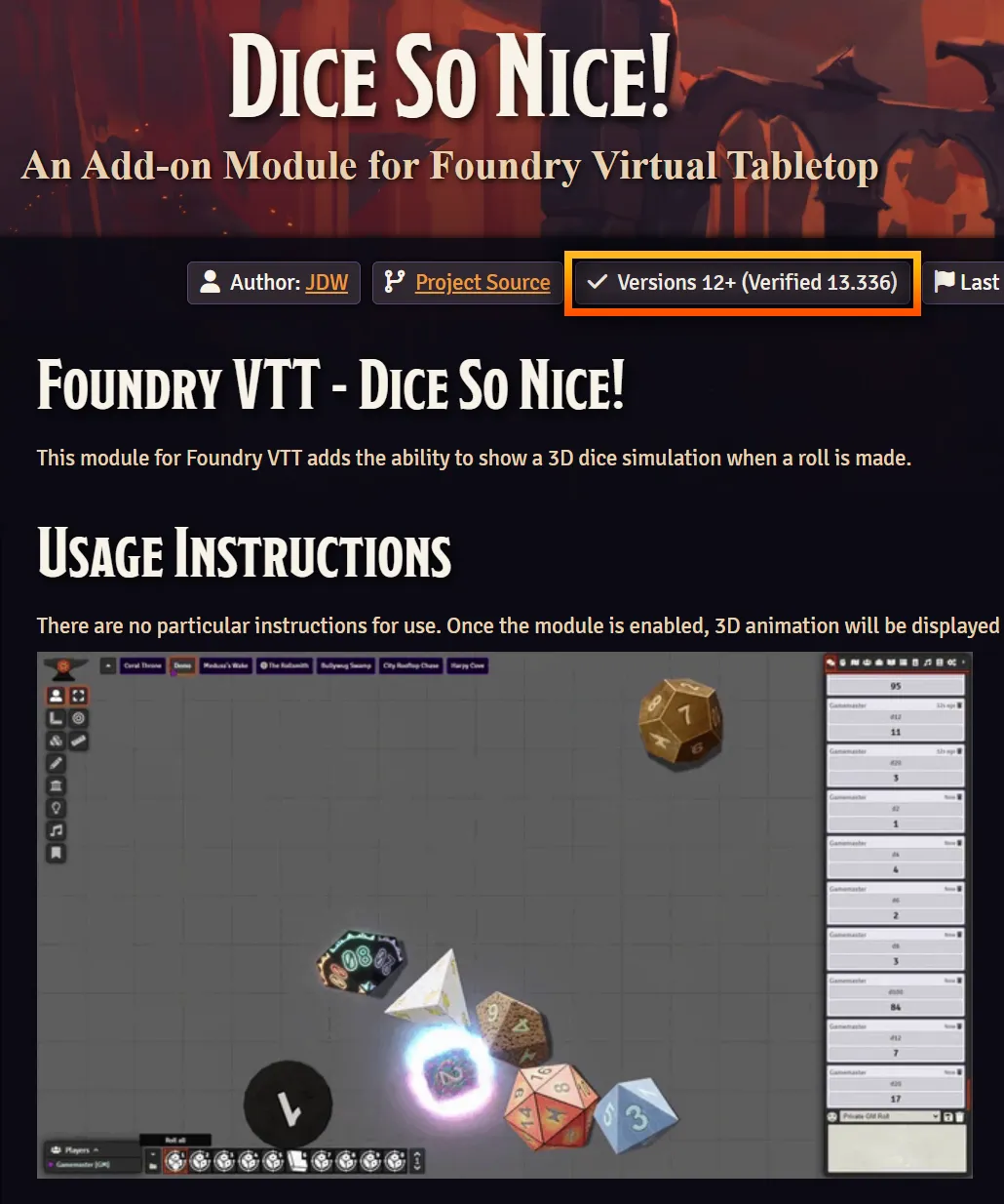 The Maximum and Verified flags for a module as demonstrated by Dice So Nice