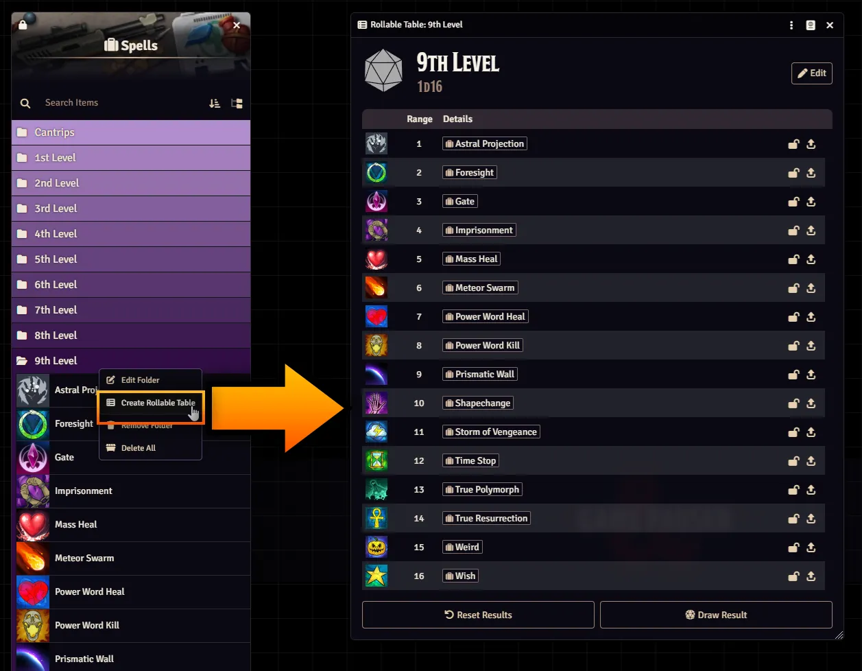From a folder of spells to a Rollable Table in one click!