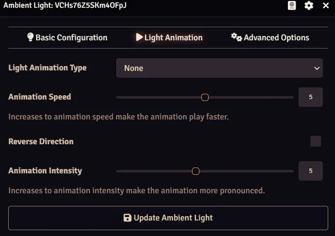 The Light Animation panel allows for the selection and configuration of light animation shaders.
