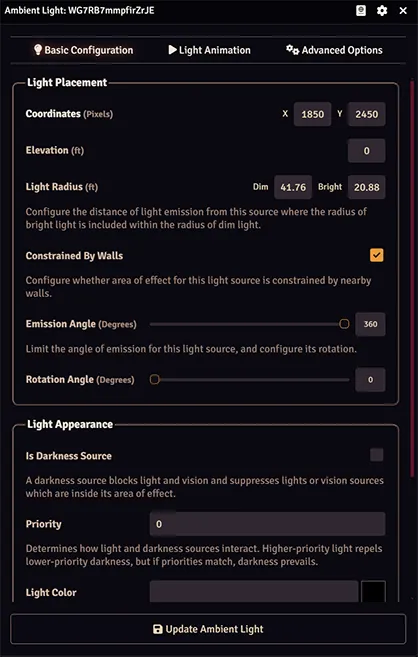 The Lighting Basic Configuration dialog