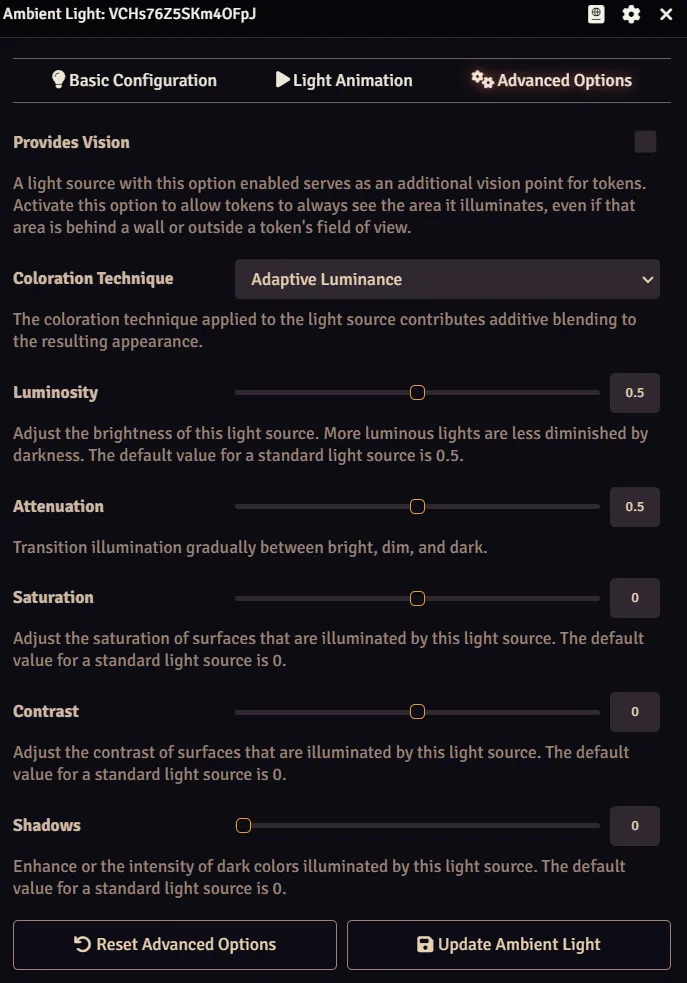 The Advanced Options panel allows users to fine tune lights in terms of brightness, saturation, and blending styles.