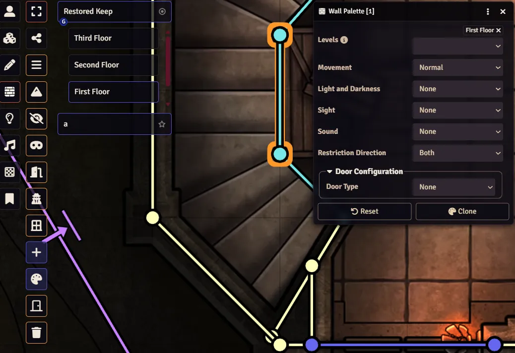 The Placeables Palette, shown with an invisible wall selected