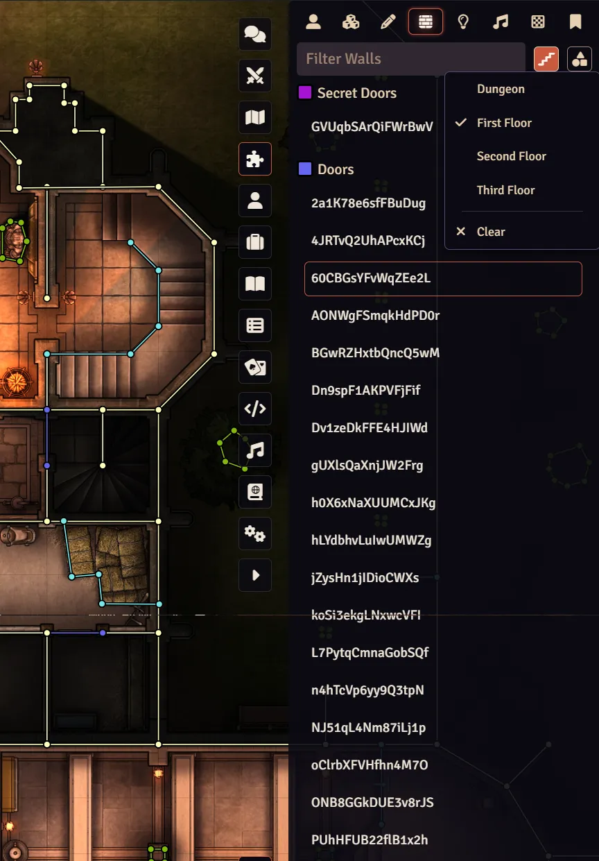 The updated Placeables sidebar tab, shown with the Walls layer filtered to Walls on a single level.