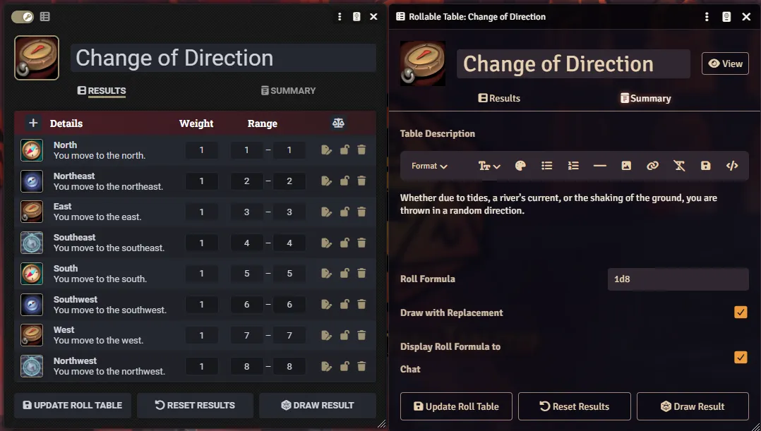 The same Rollable Table in edit mode.