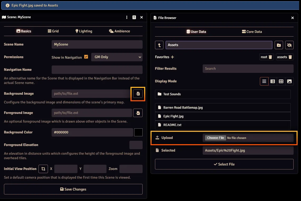 Uploading a file with Foundry VTT