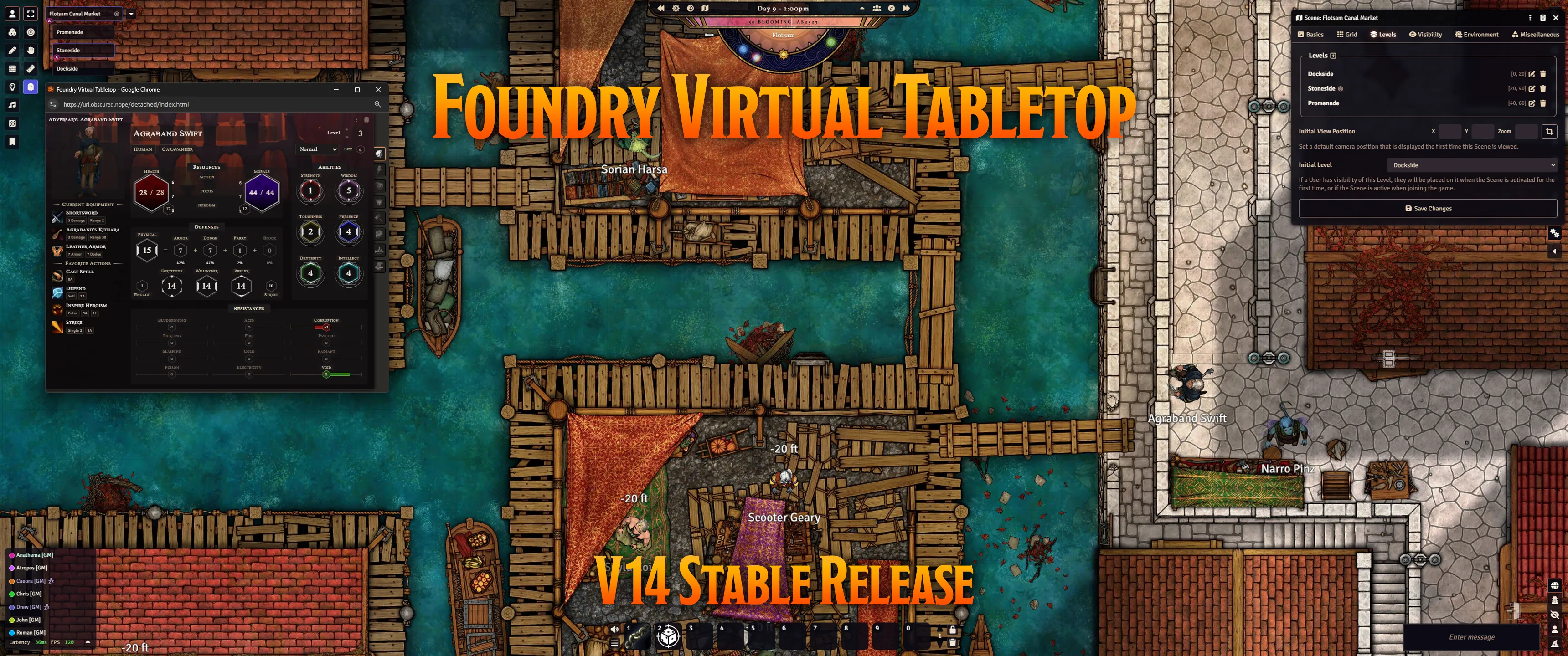 A multi-level scene in our ground-breaking Ember roleplaying game and the Crucible game system, only possible with Foundry VTT Version 14 Stable 1!