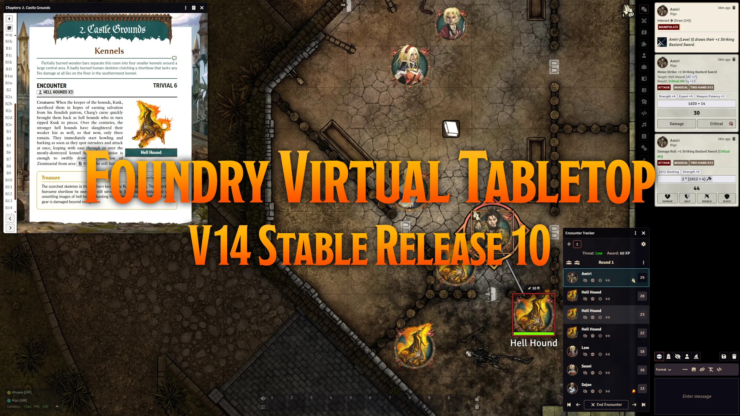 Foundry Version 14 Stable 10, shown with the The Bastion of Blasphemies PF2E adventure.