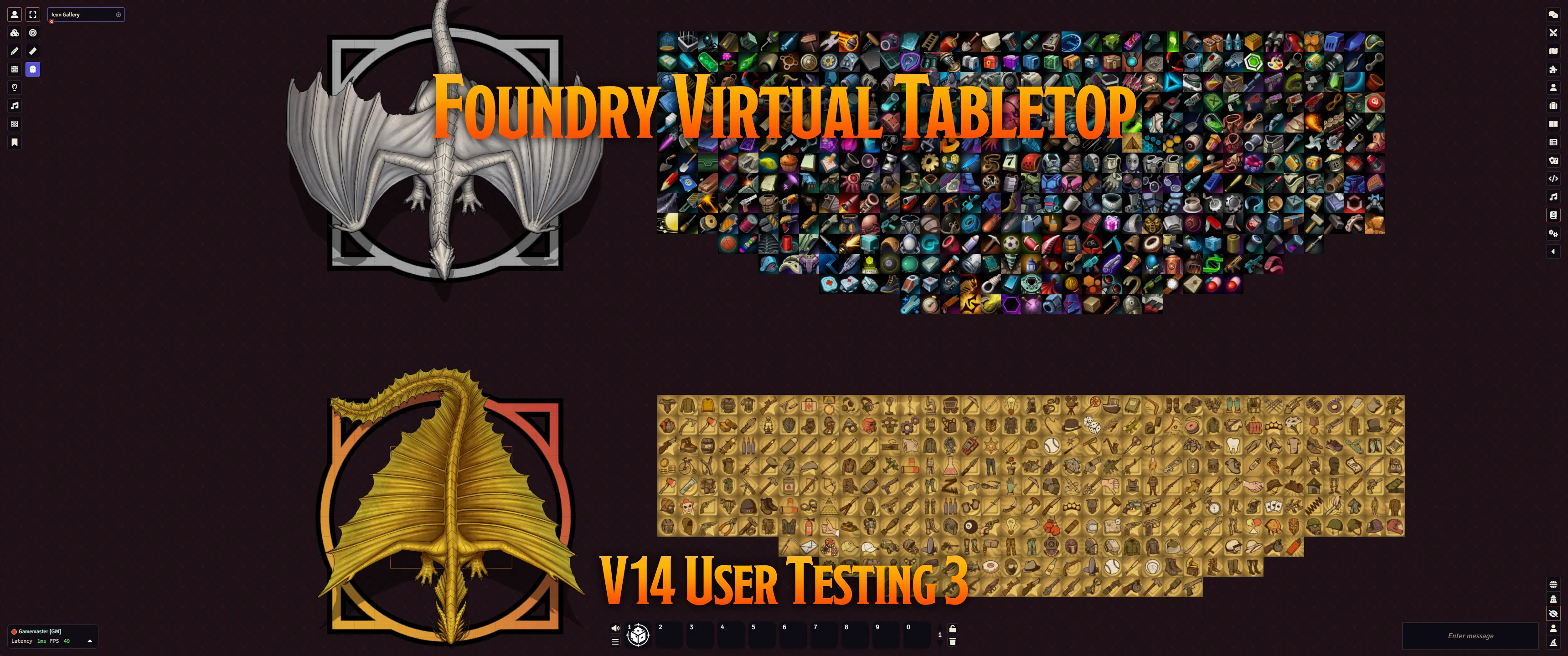 Foundry VTT Version 14 User Testing 3, shown with the new turn markers, icons, and two gorgeous dragons by Forgotten Adventures.
