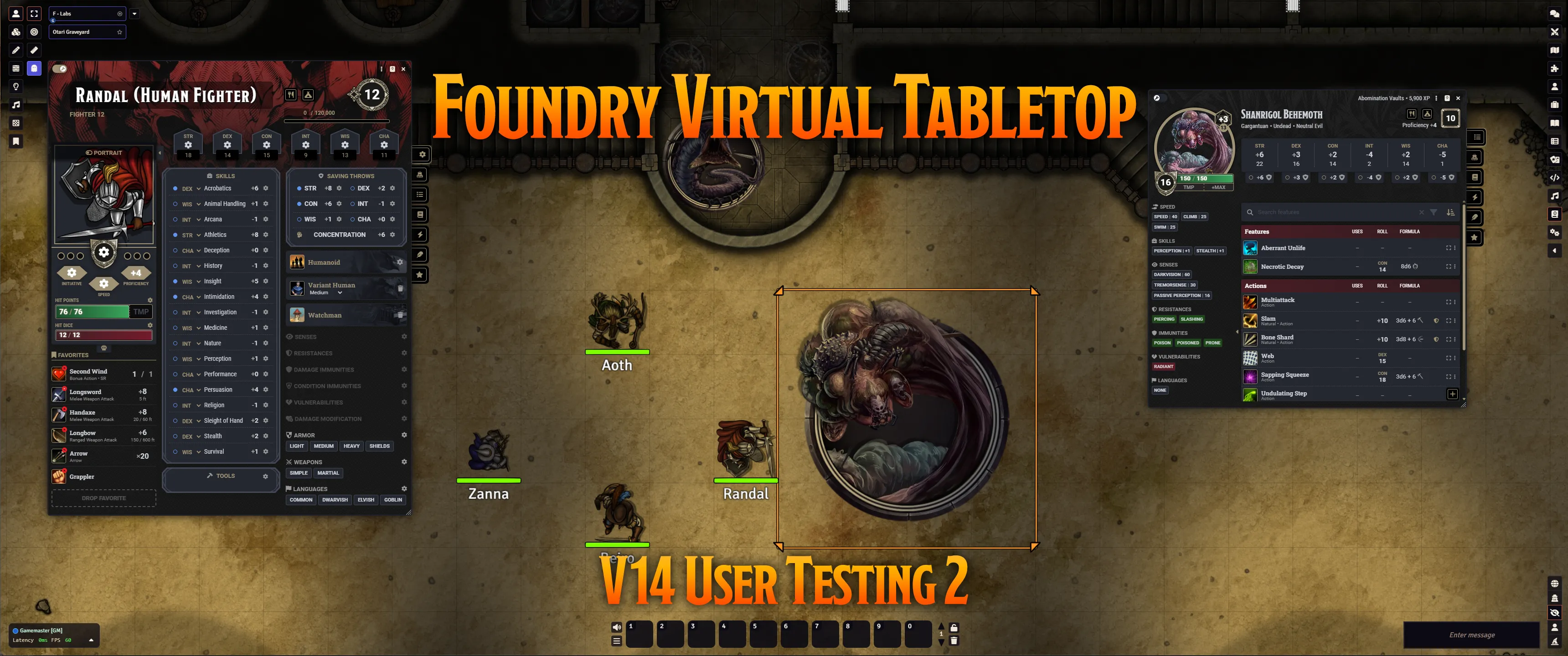 Foundry VTT Version 14 User Testing 2 as shown with the legendary PF2E Abomination Vaults adventure module, adapted for D&D 5E
