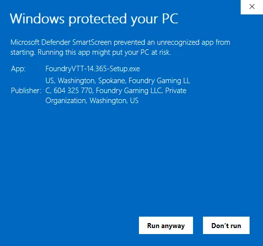 The (temporarily) expected warning from Windows Defender that may display when installing the Windows or Windows Portable build of V14 Stable 7.