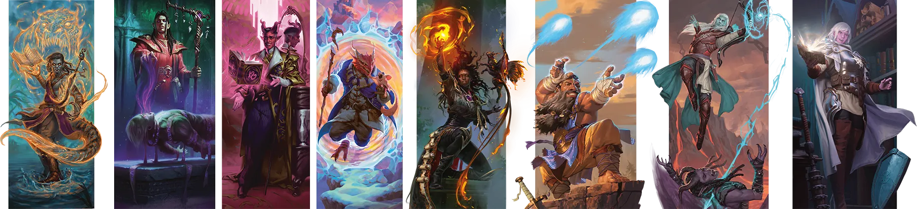 Portraits of the 8 subclasses available in Arcana Unleashed