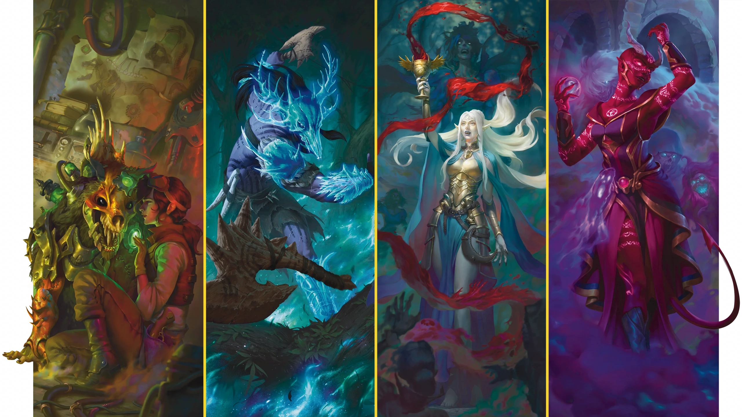 A side by side panel showing off some of the characters that can be created using this book's new subclasses. First, a human Reanimator sitting down and casting a spell on their beast companion. Next a large Hollow Warden Ranger with spectral armor throwing an axe. Next a pale elven Grave Domain Cleric holding up a cup with wine streaming out of it while a deathly woman stands hauntingly behind her. Lastly: Undead Patron Warlock a red tiefling covered in shimmering tattoos controlling ghostly figures that swarm around them.