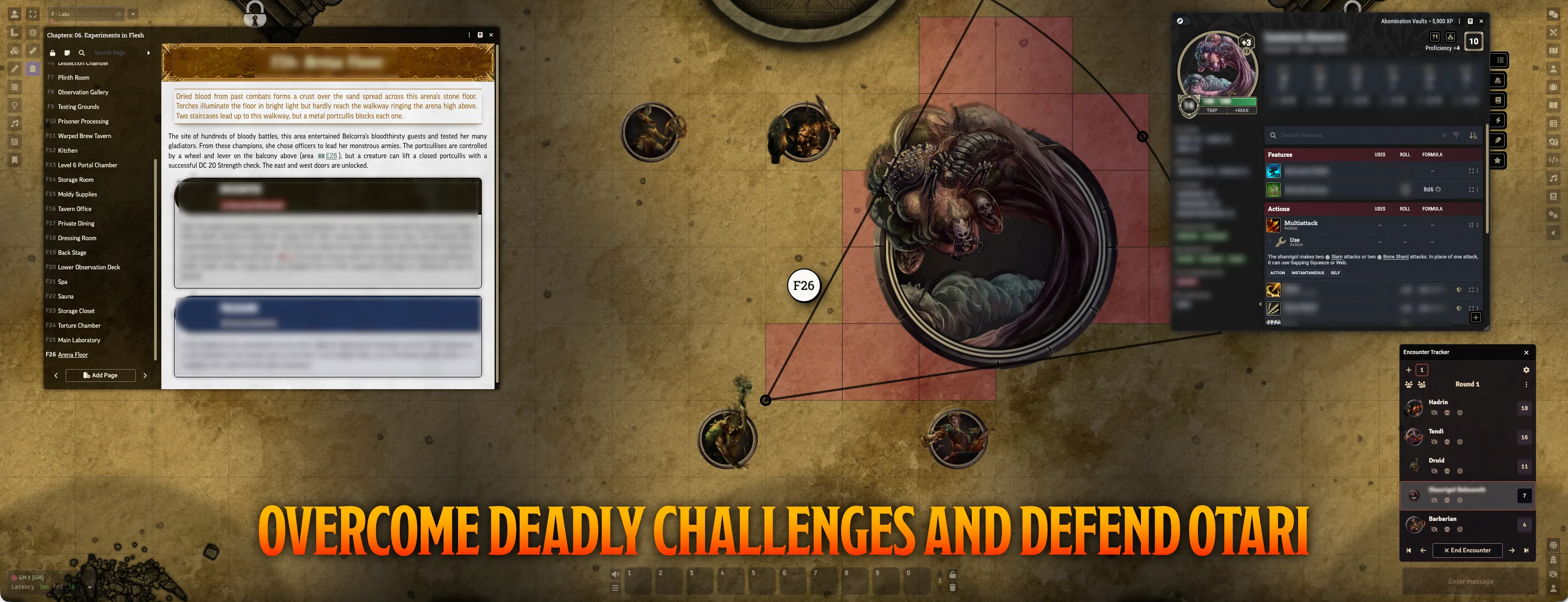 A screenshot showcasing a combat encounter, the hero tokens face a giant creature with a twisted shape formed of multiple screaming mouths and a body composed of stretched flesh. The text reads: 'Overcome deadly challenges and defend Otari.'