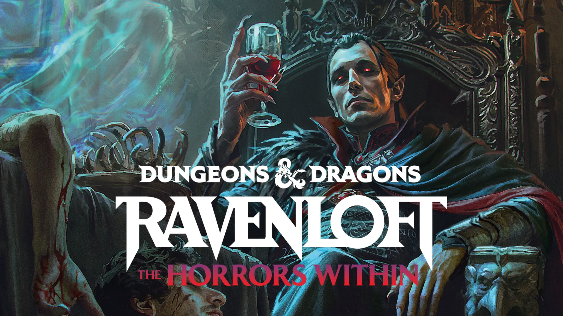 A banner image showing Strahd von Zarovich drinking wine on a throne over a pile bodies.